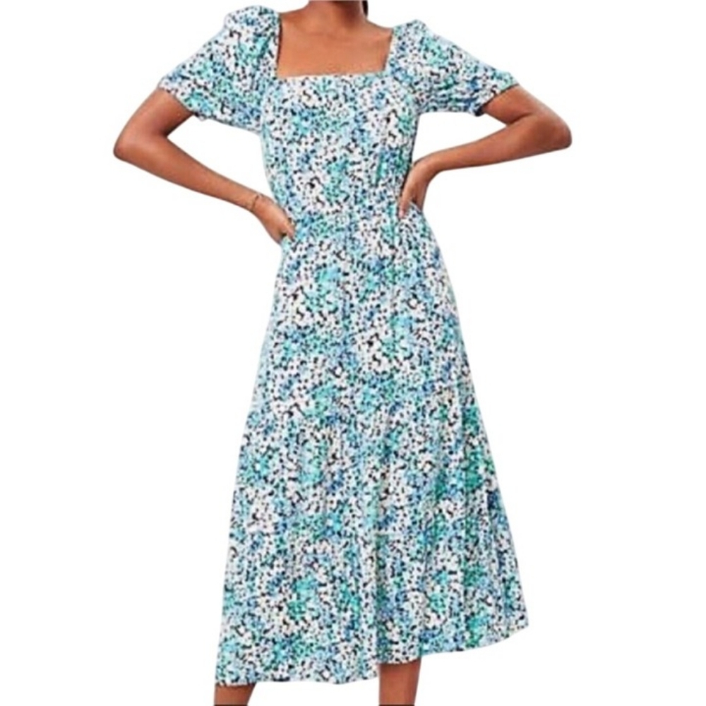 LOFT Ditzy Floral Bohemian Blue Teal Puff Sleeve Maxi Dress Size M